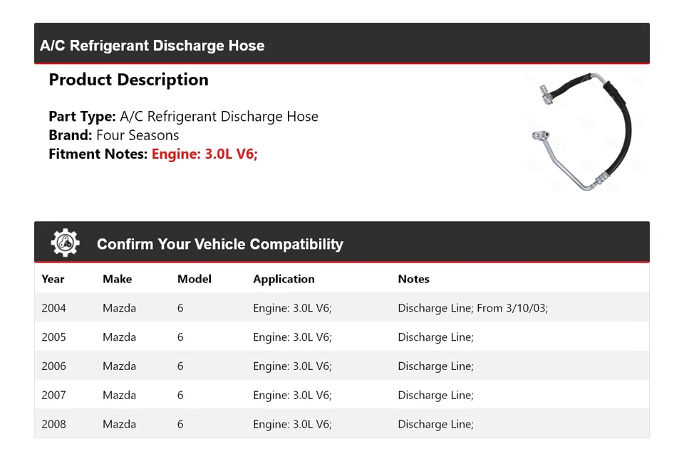 Manguera de descarga de refrigerante aire acondicionado V6 3,0 L 2004-2008 Mazda 6 4 estaciones 2005 2006 Foto 2 de 4