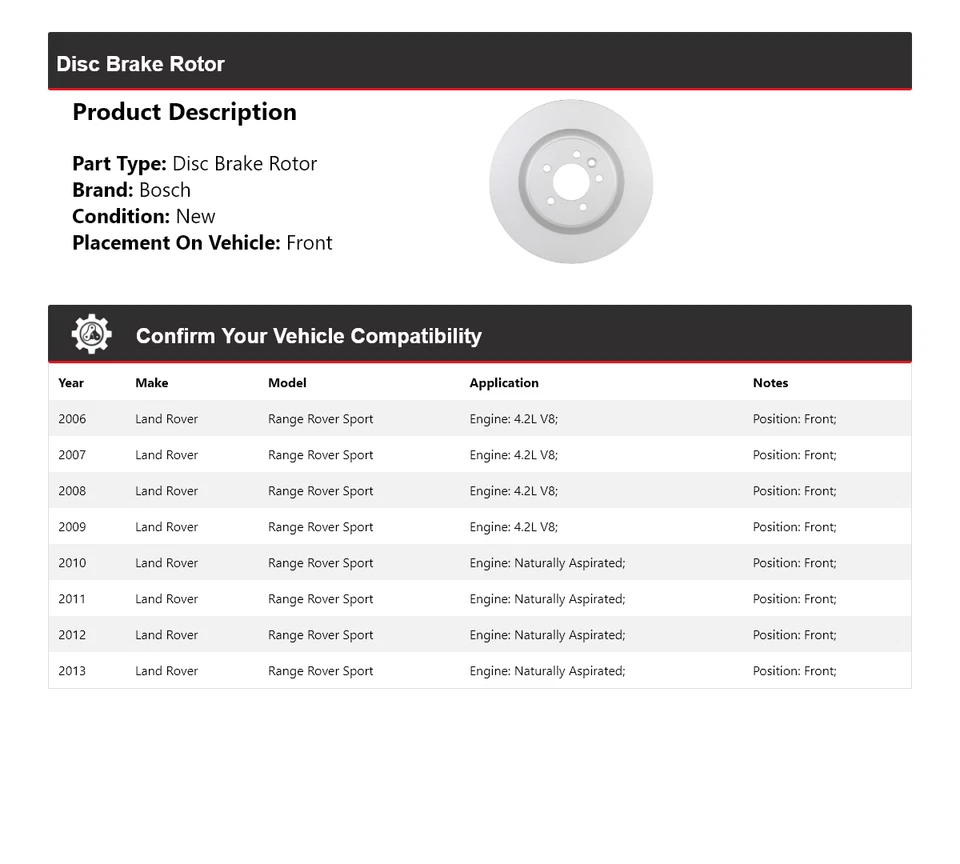 Rotor de freno de disco delantero 2007 para Land Rover Range Rover Sport Bosch 2006-2013 Foto 2 de 4