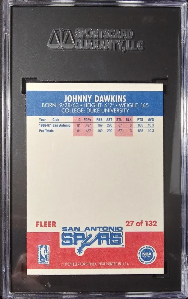 1987-88 Fleer Basketball [Base] Rookies #27 Johnny Dawkins RC SAS Duke NM SGC 7 - Image 2 of 4
