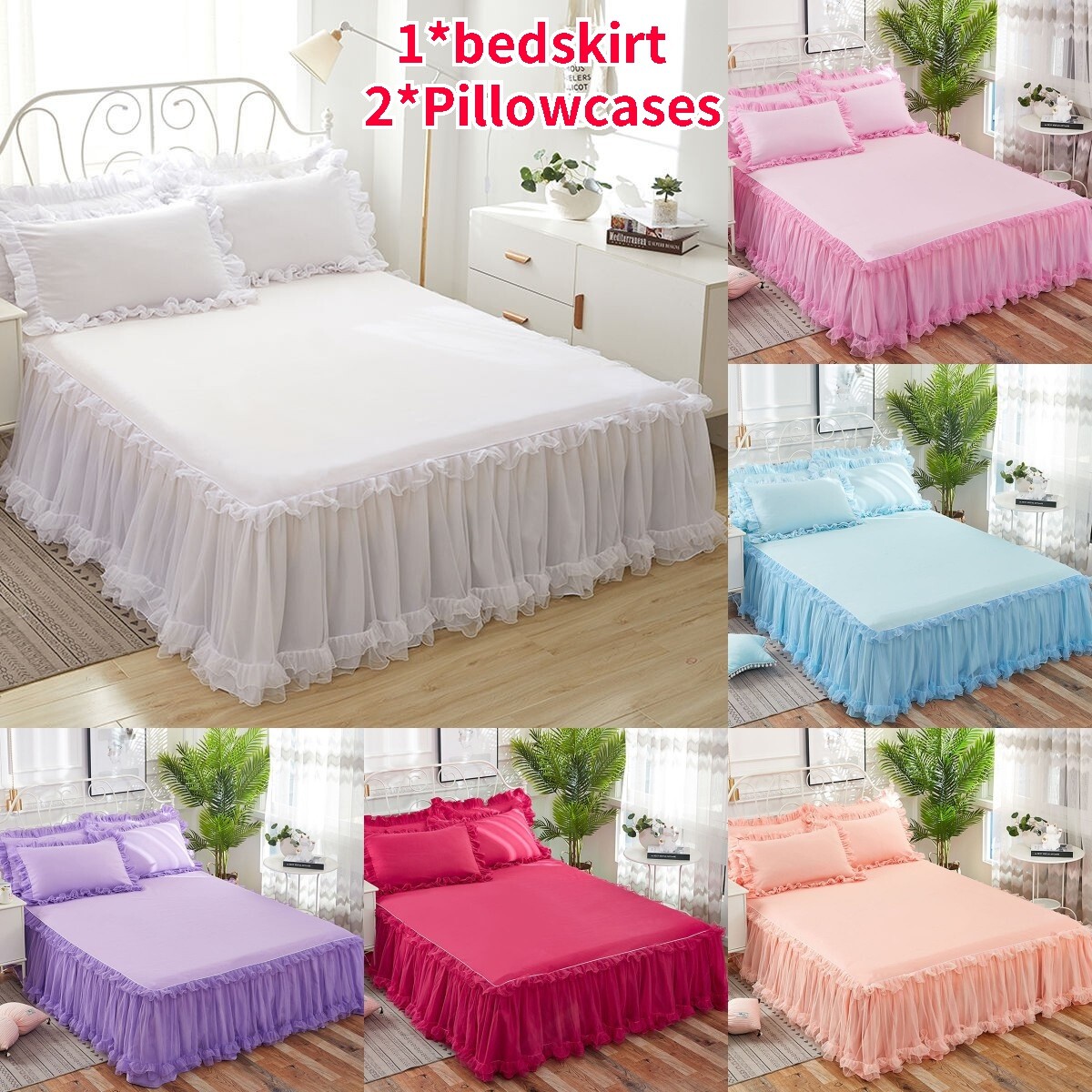 3PCS Lace Ruffled Bed Skirt Dust Deep Drop Bedspread Sheet Pillowcases  Bedding