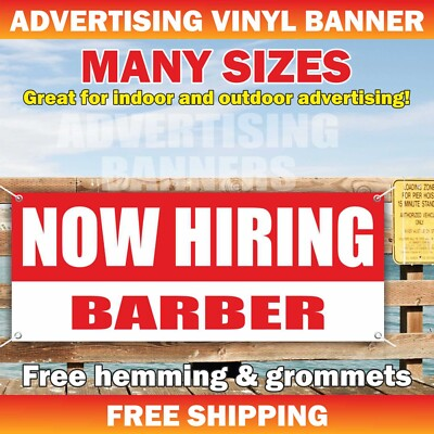 #ad NOW HIRING BARBER Advertising Banner Vinyl Mesh Sign job Salon Shop Hair Stylist $186.84