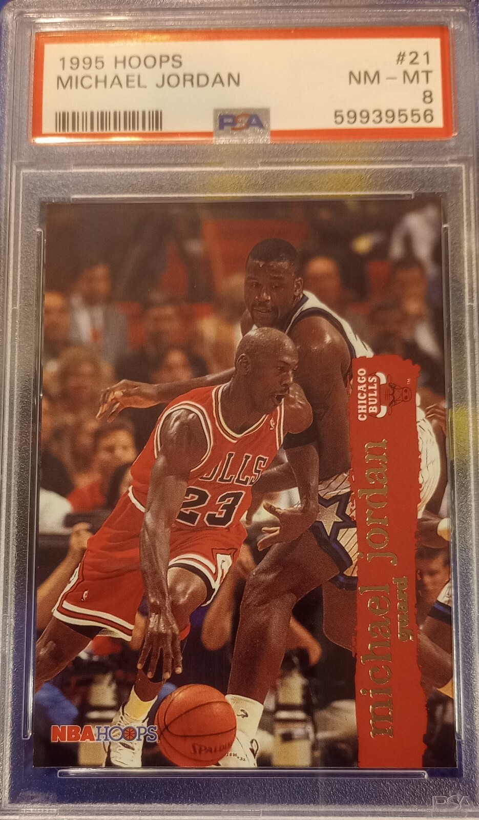 1995-96 Hoops #21 Michael Jordan PSA 8 (NM-MT) w/ Shaquille O'Neal *Bulls *HOF