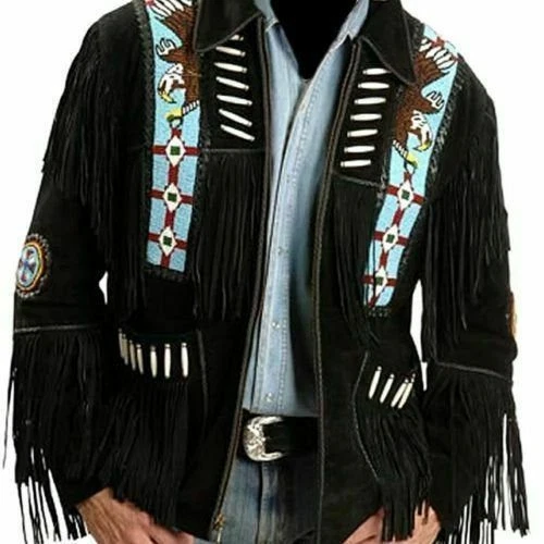 Men's Native American Western Cowboy Leather Jacket coat Black fringe and beads