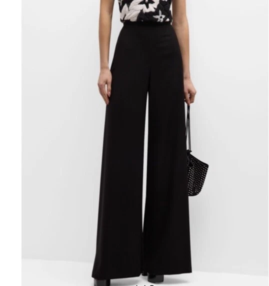 Pantalones Naeem Khan Negros Pierna Ancha Acampanada Crepé Cintura Alta Cremallera Espalda Talla 6