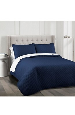 Lush Decor Navy Diamond Oversized Cotton 3 Piece Quilt Coverlet Set Queen King