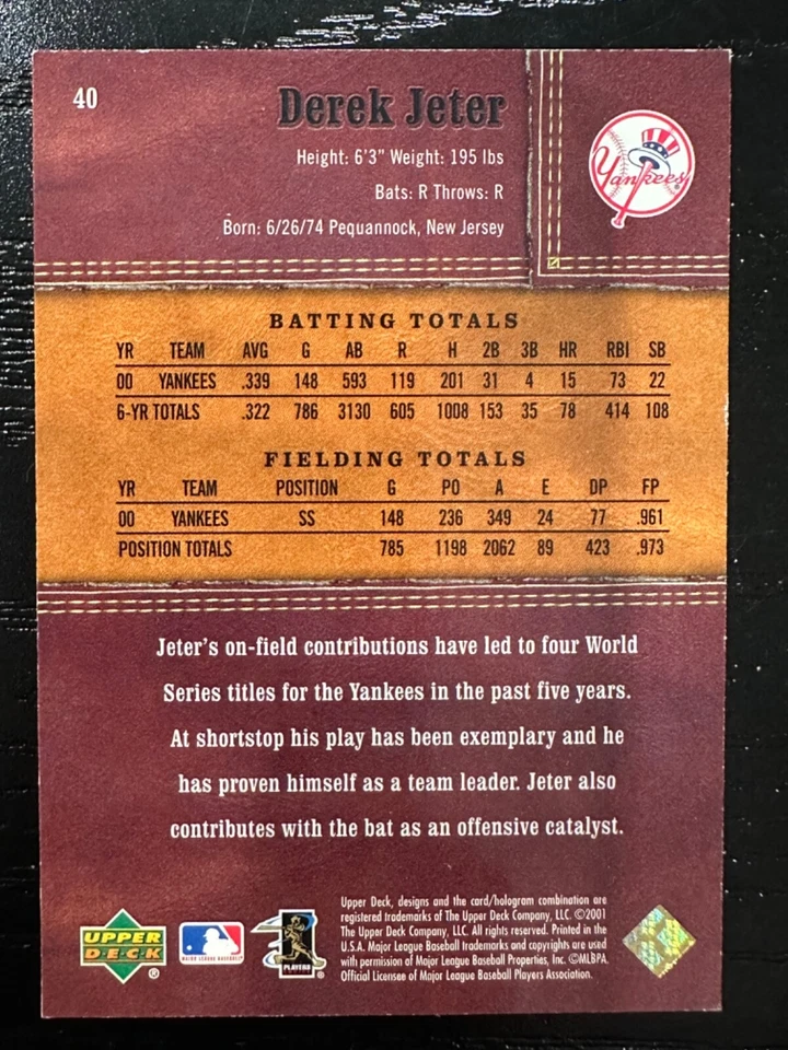 Derek Jeter 2001 Upper Deck Gold Glove #40 - Image 2 of 2