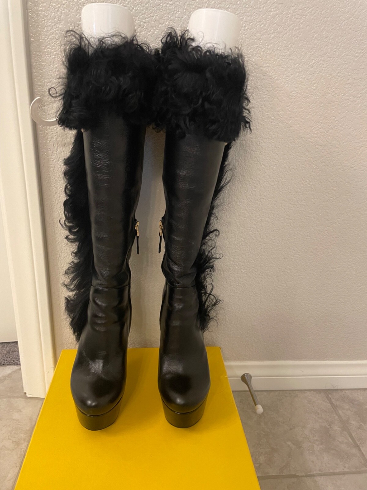 FENDI Black Leather Platform Mongolian Lamb Fur Trim  Y2K Boots Size 38.5 $1,370