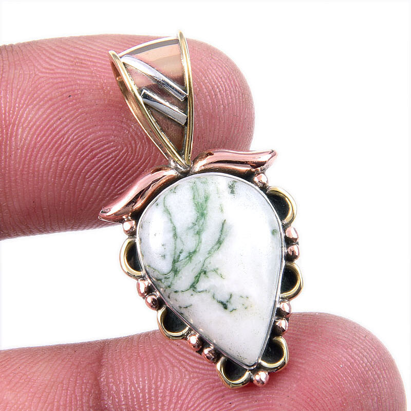 Natural Green Dendrite Opal Gemstone 925 Solid Silver TwoTone Pendant 1.25