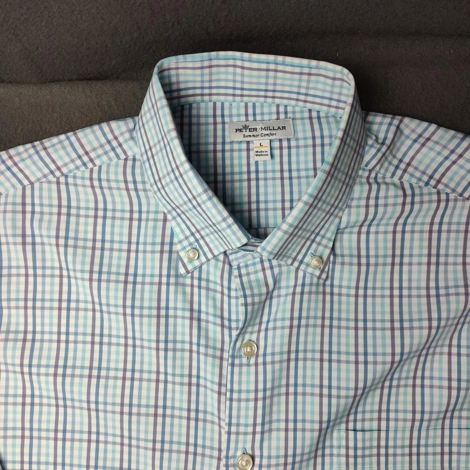 Рубашка мужская Peter Millar большая синяя фиолетовая клетчатая летняя комфортная на пуговицах для гольфа - Изображение 3 из 4
