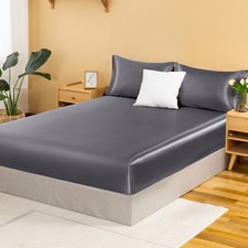 Satin Fitted Sheet Twin, Single Silky Fitted Sheet Only Soft Deep Pocket Bott...