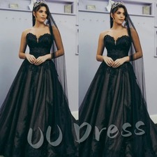 Gothic Black Wedding Dress Sweetheart Lace Appliques Bridal Gown Long Train