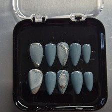Blue Silver Marble Almond Press-On Nails Set Pre-Designed Full Cover Medium