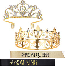 4 Pcs Prom King and Queen Crowns with Sashes Set King Crowns for Men Shiny Satin