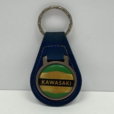 Vintage 80's/90's Kawasaki Keychain Blue Suede Metal Enamel Fob 3