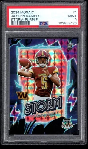 2024 MOSAIC STORM PURPLE PRIZM #1 JAYDEN DANIELS RC 11/49 PSA 9 MINT COMMANDERS