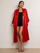 Vintage Golden Dragon Red Pure Silk Kimono Robe Dragon Embroidery Large 23