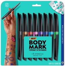 BIC BodyMark Temporary Tattoo Brush Tip Markers  4 Stencils, Qty 8 Markers