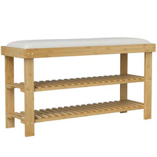 Bamboo Shoe Storage Bench, 3-Tier Entryway Bench with Storage and Cushion, Shoe