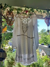 Women’s White Sheer Plaid Cotton Sundress Scoop Neck Long Sleeve Lace S