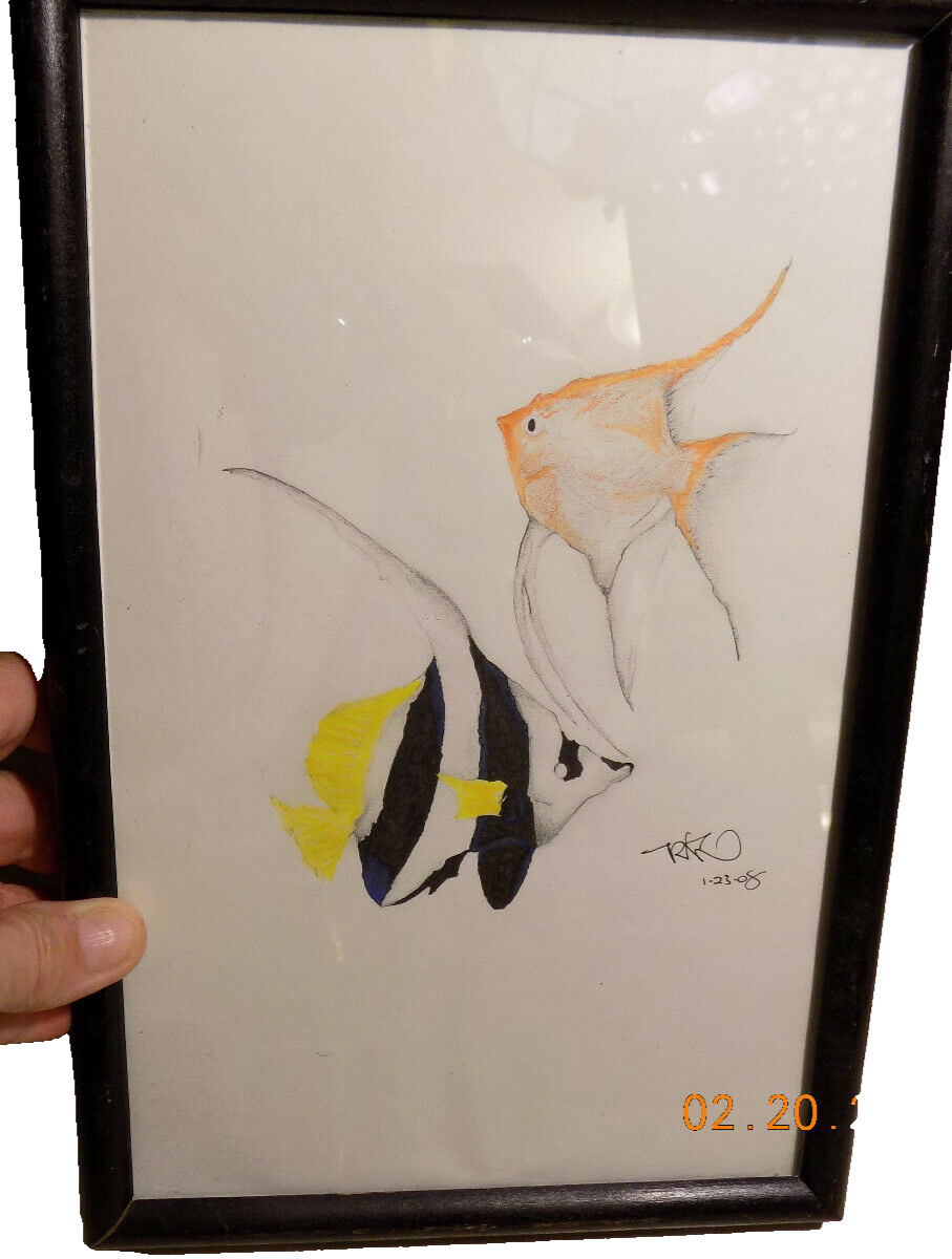MARIPOSA Negro Blanco Amarillo y Naranja FISH Pluma original Tinta Arte Coral Enmarcado