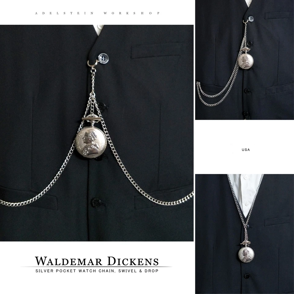 Cadena de reloj de bolsillo Waldemar Double Albert plateado, giratoria y caída FOB005 Foto 3 de 4