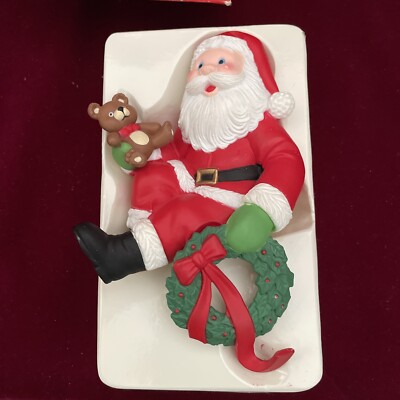 Excellent Vintage Santa Stocking Hanger; Teddy Bear, Wreath, Plastic, Retro