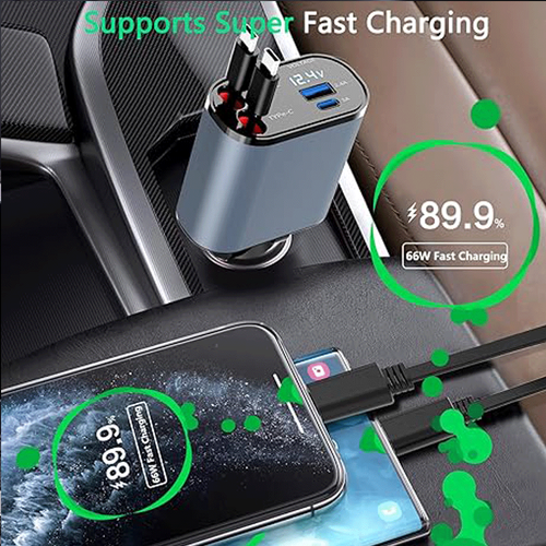 Retractable Car Charger 4 in 1 Fast Car Phone Charger 100W with USB Type C Cable - Picture 6 of 13