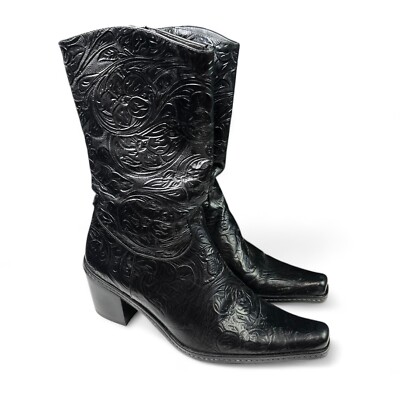 Gianni Bini Women s 7.5M Black Leather Inlay Western Zip Up Boots