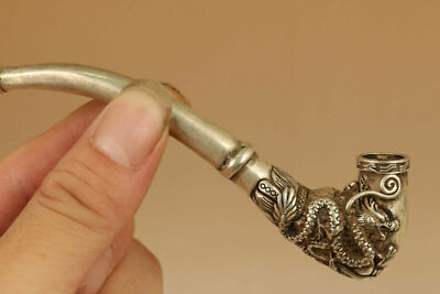Rare Tibet Silver copper Smoking Tool Statue Old Sacred Opening Dragon Head pipe