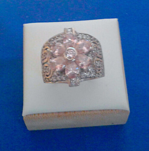 HOLIDAY SALE!  Pink Pear Cut & Round White CZs Rhodium Right Hand Ring Sz. 8 - Picture 1 of 2