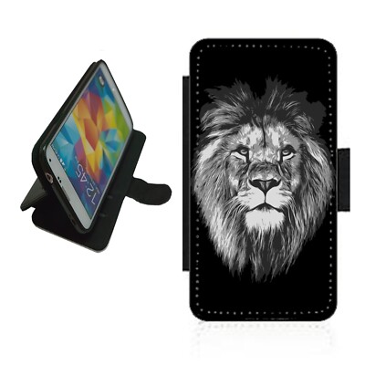 Löwe Handyhülle Flip Cover Wallet für iPhone Samsung LIO1 schwarz-weiß