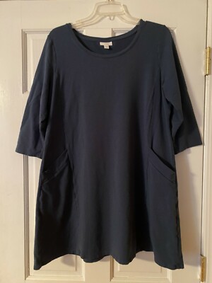 PURE JILL J. JILL Dress Size Petite Large Blue Pockets ¾ Sleeves Stretchy Women