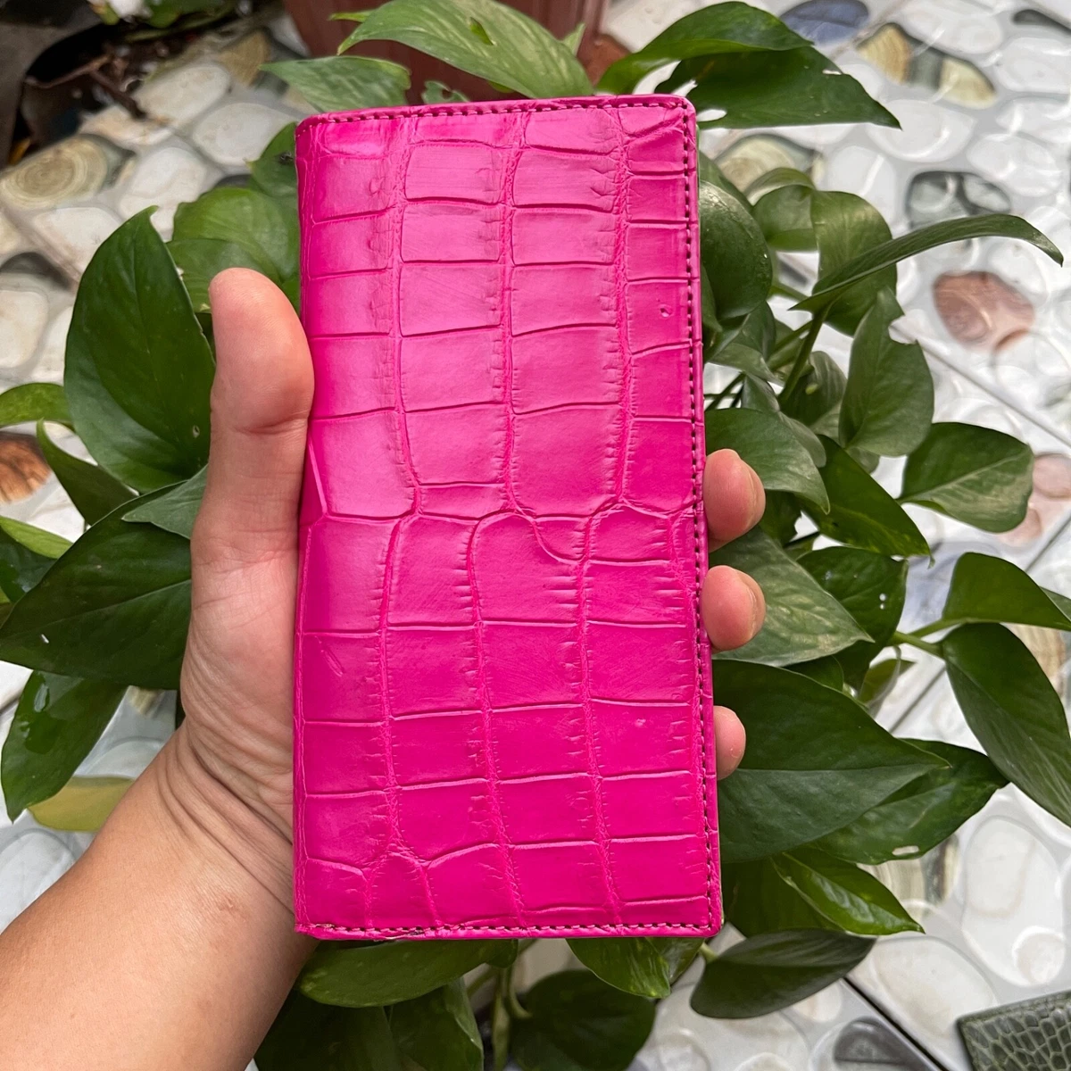 Pink Genuine Crocodile Alligator Leather Long Wallet Card Holder Money Clip  zip