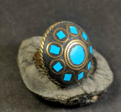R921 Handmade size 11.5 Blue Resin Brass Fashion Adjustable Finger Ring Nepal