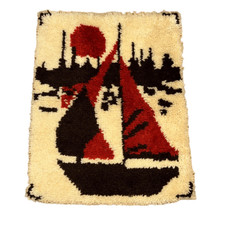 Vintage mid century 70s large ship boat latchhook rug wall hanging 20 x 26 inch