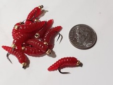 12 - #10 GLD BH Rubber Grub Maggot Worm Red Wet Fly Trout, Crappie, Pan Fish