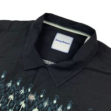 Tommy Bahama Men's Silk/Cotton S/S Button Camp Shirt Black/Teal Stripe   XL