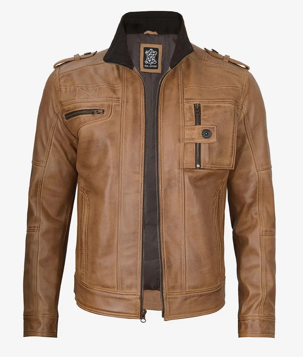 Men's New Stylish Moto Biker Race Bomber Genuine Sheepskin Brown Leather Jacket