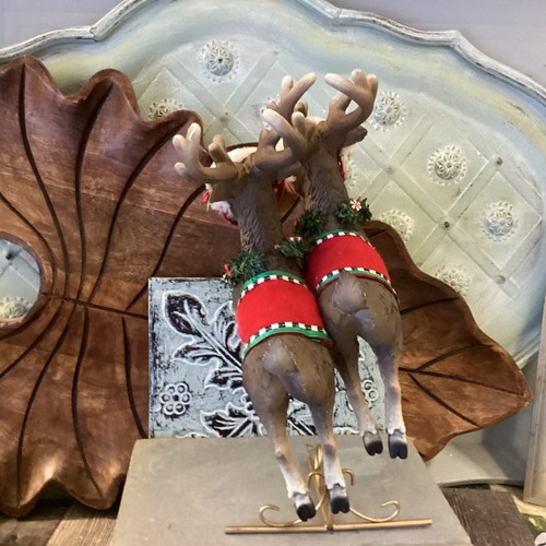 Reindeer flying pair on gold stand Plastic Leaping Dressed 10 1/2”H Christmas - Picture 7 of 10