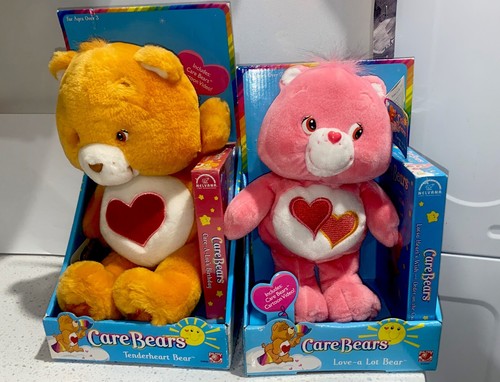 NEW 2002 Care Bears 12” Plush TENDERHEART BEAR & Love A Lot Bear VHS Sealed Lot