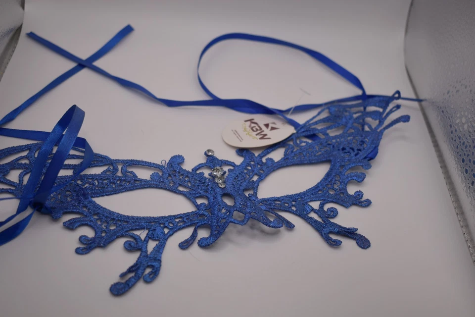 Royal Blue Venetian Lace Masquerade Mask with Rhinestones & Ribbon Ties 551 - Image 2 of 3