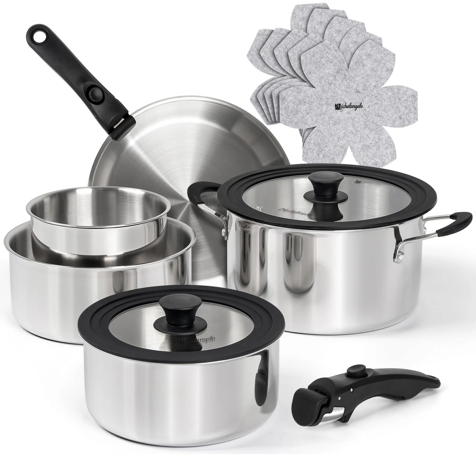 14pcs Tri-Ply Stainless Steel Cookware Set with Detachable Handle, Induction ...