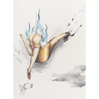 Original graphite and acrylic color drawing on paper - Pipe Girl