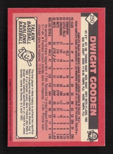 Dwight Gooden 1986 O-Pee-Chee #250 New York Mets - Picture 2 of 2