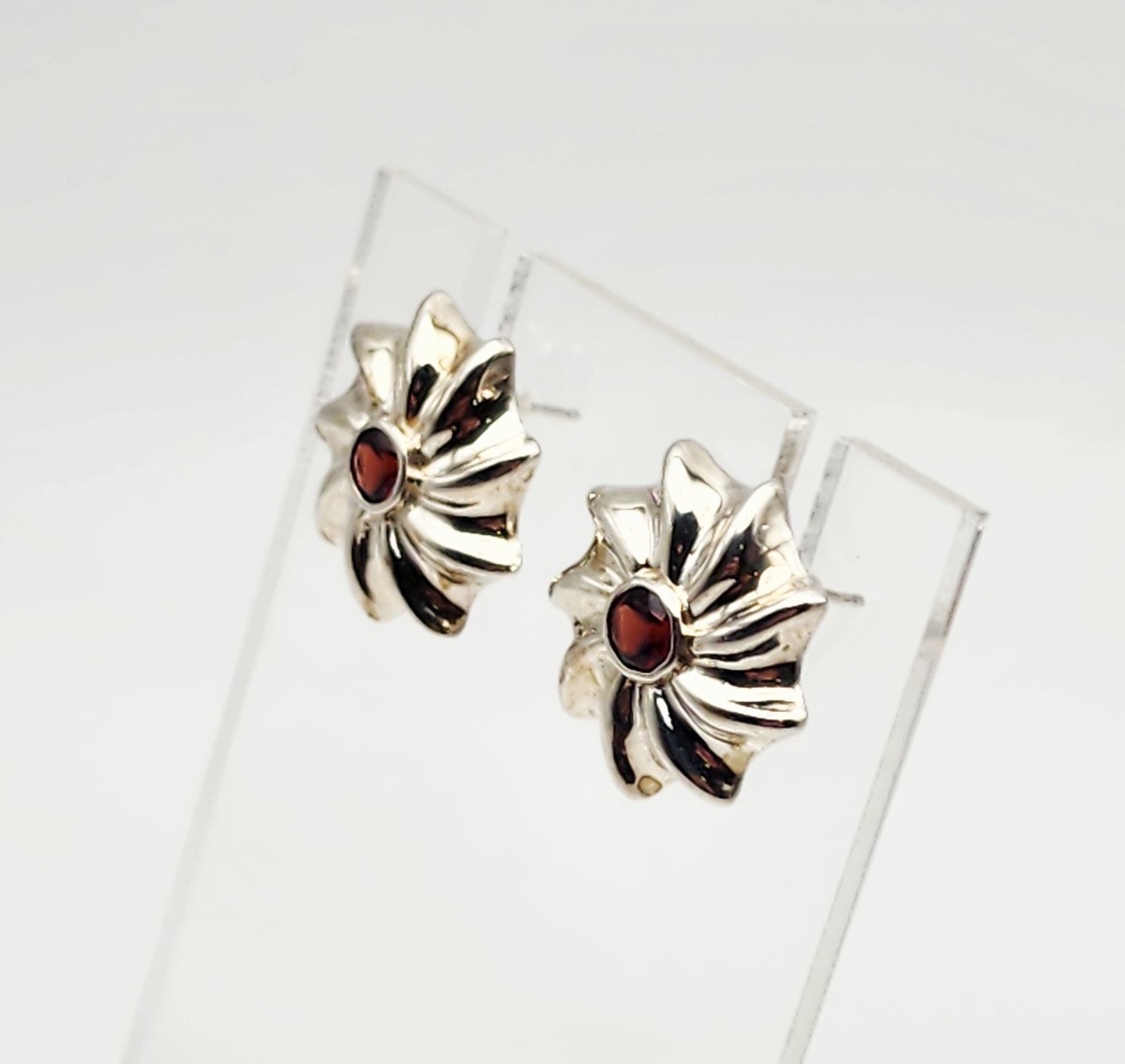 CA Vintage Sterling Silver Garnet Floral Design Stud Earrings View 3