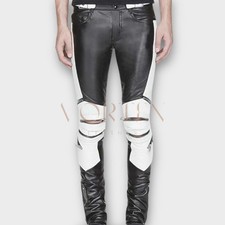 Men's Black And White Leather Pant In Genuine Soft Lambskin Leather Pant