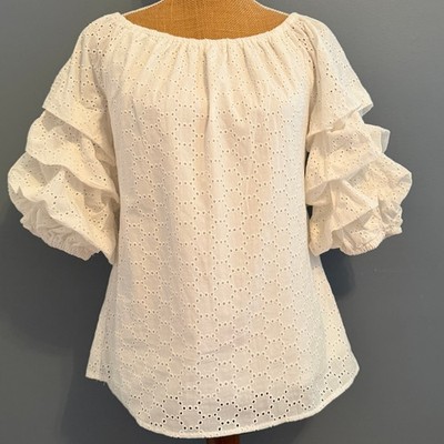 Cece White Eyelet Blouse with Puff Sleeves SIZE SMALL Fully Lined
