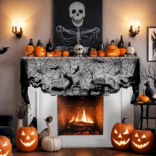 Halloween Mantle Scarf Pumpkin Bat Spider Web Fireplace Scarf Black Embroidered