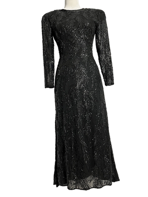 green emerald velvet dress 1990s Vintage Black Beaded Open Back Evening Dress by Oleg Cassini, Ex   Leslie Courreges