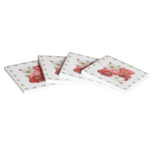 New 4pc Poppies Flowers Coaster Set Drink Coasters Ceremic Chinaware Gift 4'' - Bild 5 von 5